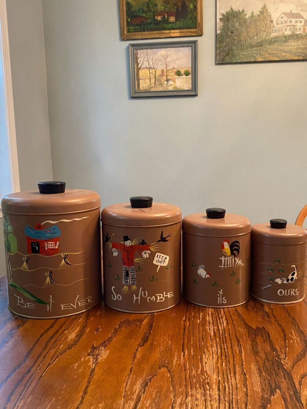 Handpainted Ransburg Canister Set Of 4 Steel Canisters & Lids 1940s Farmhouse Th